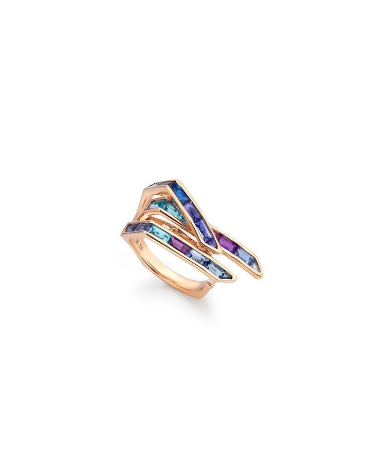 Tomasz Donocik Electric Wing ring in rose gold and coloured gemstones, from the new Electric Night collection.